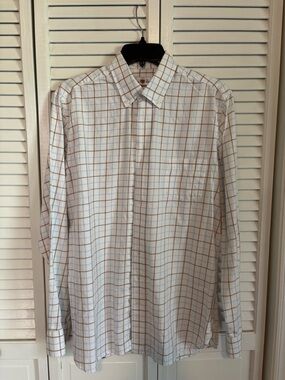 Alan Paine England Button-Down Plaid Shirt with Tan and Light Blue Windowpane